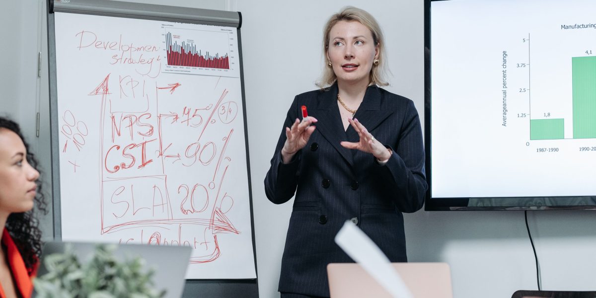 A professional confidently presenting, highlighting strong communication and negotiation skills.