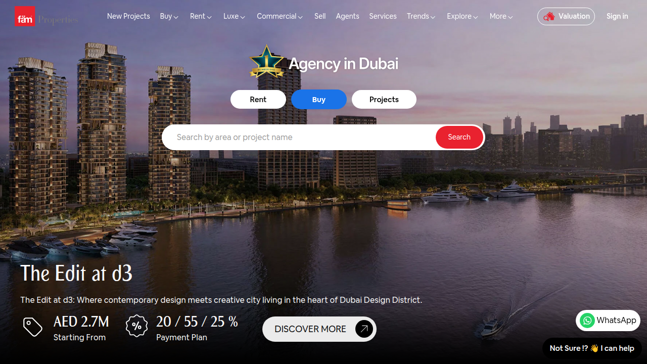The homepage of FAM Properties, a prominent real estate agency in Dubai known for its market reports and services.