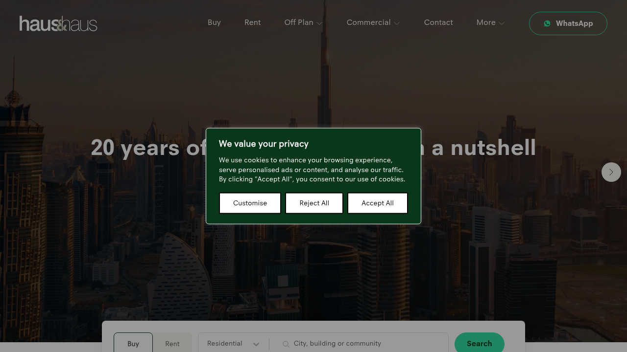 The homepage of haus & haus, showcasing their digital tools and listings for properties in Dubai.