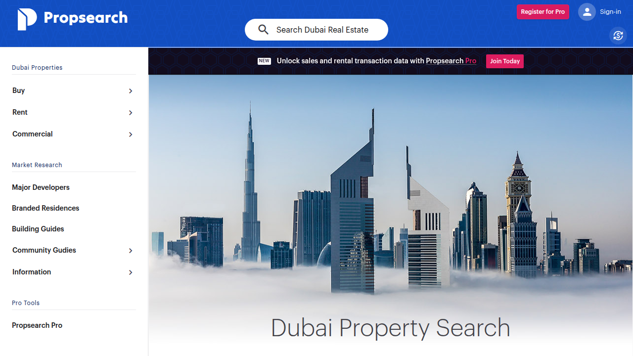 The Propsearch.ae website, showing advanced search features and property listings in Dubai.