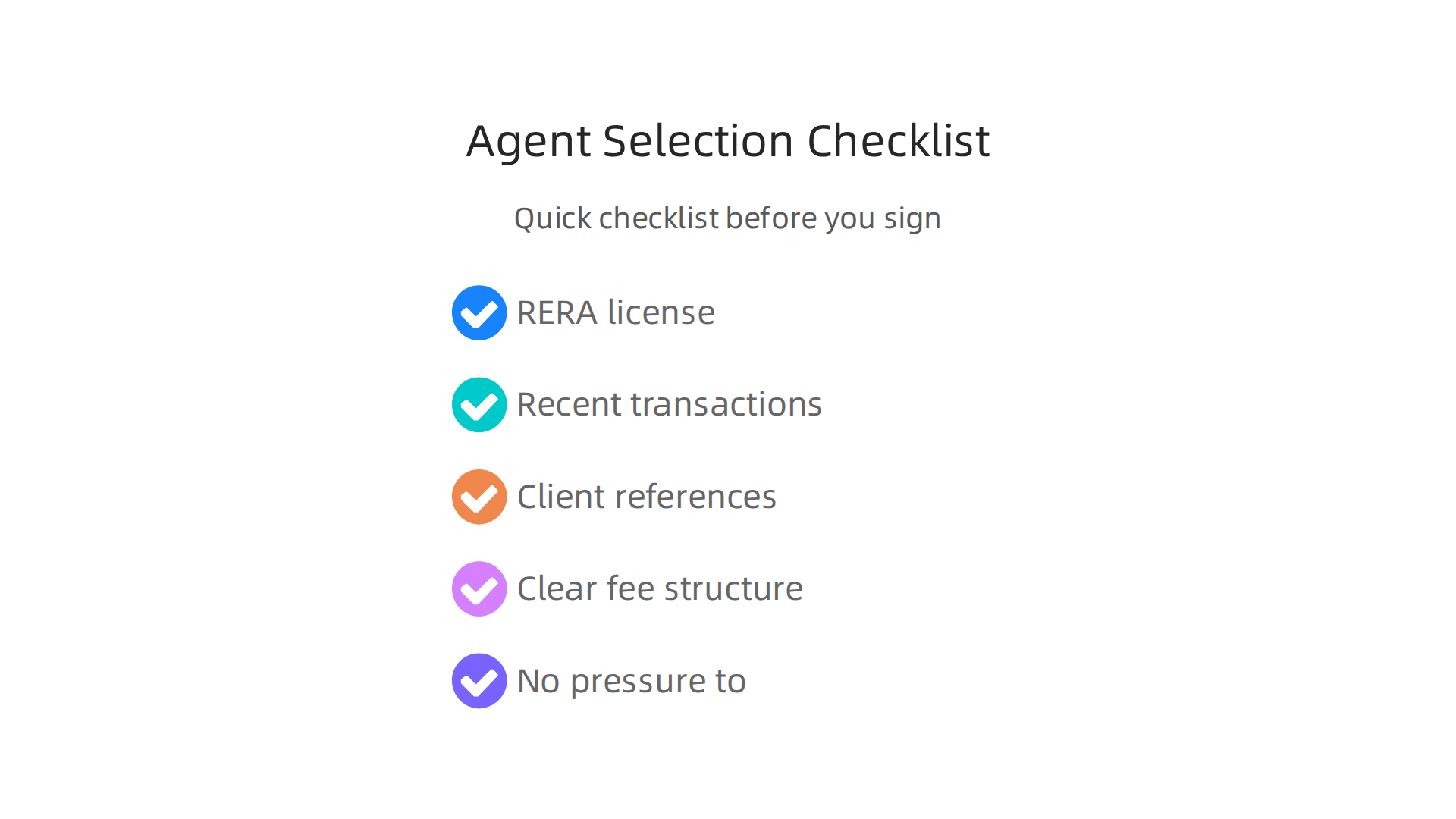 An infographic checklist for prospective buyers to effectively evaluate and choose a trustworthy real estate agent in Dubai.