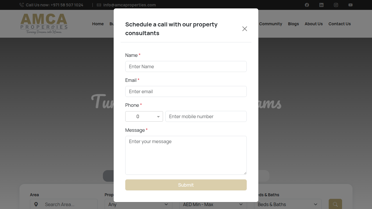 A screenshot of the AMCA Properties website, featuring market forecasts and insights for Dubai real estate.