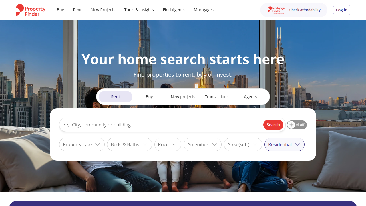 The Property Finder website, a popular platform for property listings and market insights in Dubai.