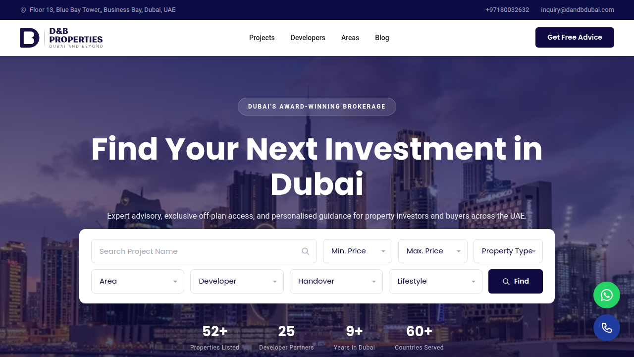 Screenshot of D&B Dubai's website, a source for real estate market insights and reports.